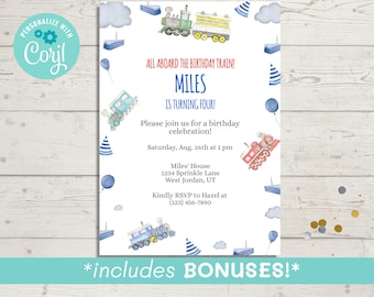 Train Birthday Invitation, Editable Template (Digital Download)