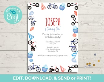 Bicycle Birthday Invitation Template, Editable Bike Birthday Party Invite, Instant Download