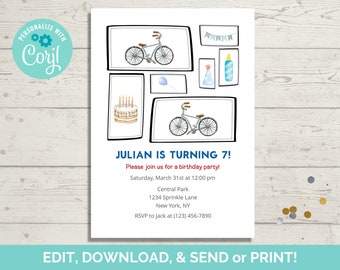 Bicycle Birthday Invitation Template, Editable Bike Birthday Party Invite, Instant Download, Paperless POST
