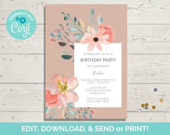 May include: A birthday party invitation with a blush background and floral watercolor accents. The invitation includes the text "please join us for a BIRTHDAY PARTY" and event details. The invitation is customizable with Corjl.