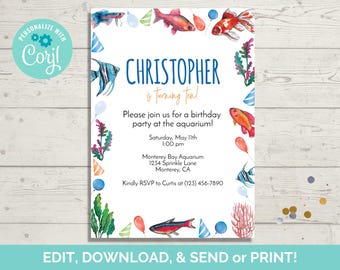 May include: A birthday party invitation with a watercolor aquarium theme. The invitation features the name "Christopher" in blue, along with details for a party at the Monterey Bay Aquarium. Colorful fish, balloons, and party hats decorate the border.