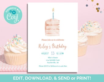 Birthday Cake Invitation, Editable Cake Slice Birthday Invitation Download, Template Printable, Paperless POST