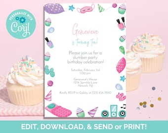 Slumber Party Birthday Invitation Template, Sleepover Invite (Instant Download)