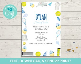 Tennis Birthday Party Invitation Template (Digital Download)