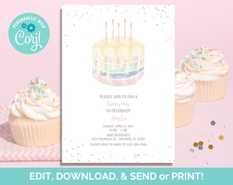Plantilla de invitación de cumpleaños con diseño de pastel de goteo, imprimible (descarga instantánea)