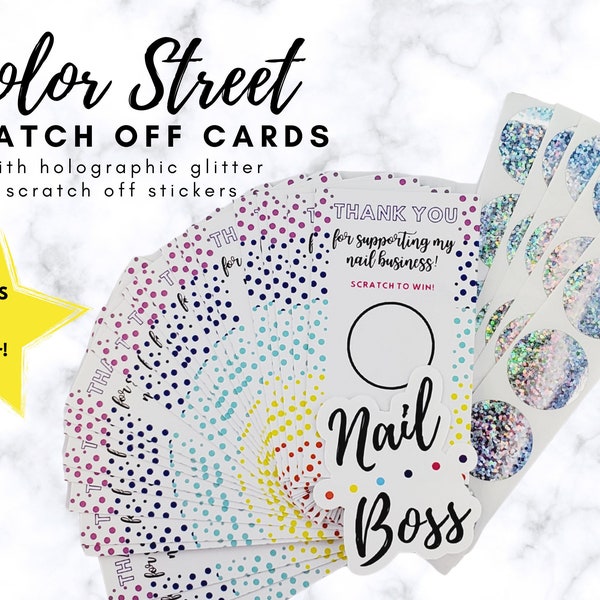 Color Street Scratch Off Cards w/ Holographic Glitter Scratch off stickers and BONUS Nail Boss sticker! Incentive gift