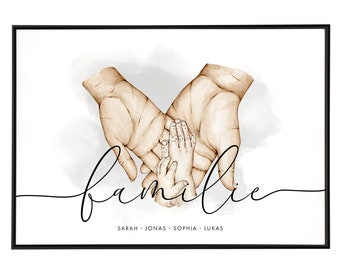 Familienposter mit Händen und Namen - Familienbild personalisiert, Familienschild, Familien Bild, Geschenk für Eltern und Kinder