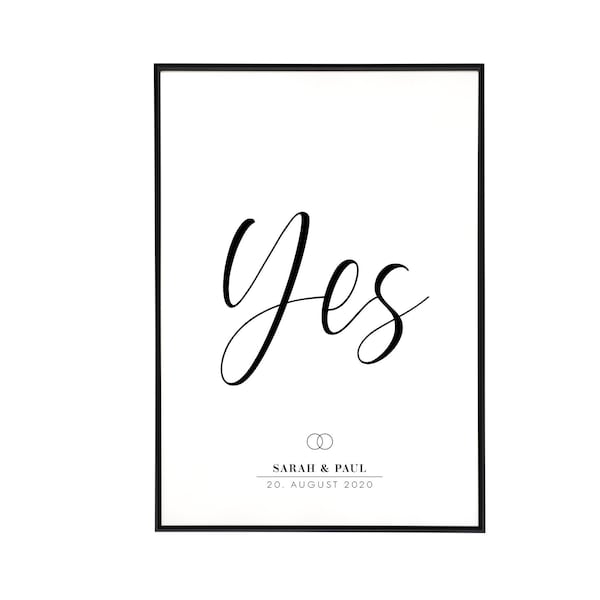 Personalisiertes Hochzeitsposter "yes" - Hochzeit, Poster, Jahrestag, Liebe, Namen, Datum, Paar, DIN A3, DIN A4