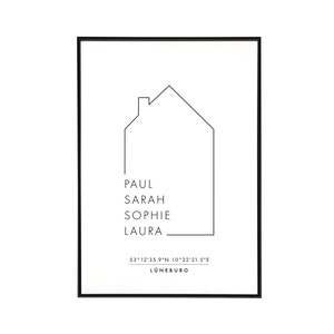 Personalisiertes Familienposter mit Koordinaten und Ort - Umzug, Familie, zu Hause, Haus mit Namen, zuhause Bild, ohne Rahmen