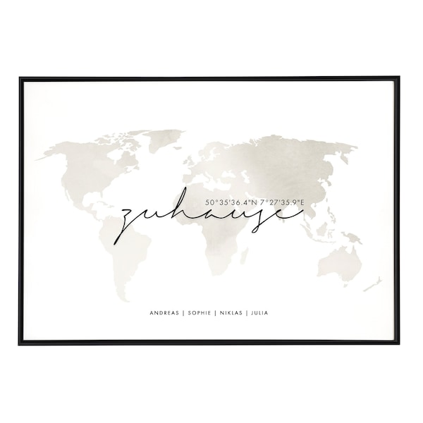 Poster "Zuhause" mit Koordinaten und Namen - Leinwand Weltkarte in beige, Einzugsgeschenk Bild, Familienbild Home, Koordinatenposter