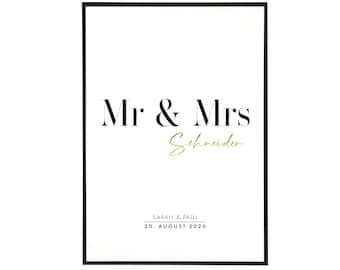 Personalisiertes Poster "Mr & Mrs" - Hochzeit, Hochzeitsgeschenk, Geschenk, Hochzeitsposter, Liebe, Datum, Brautpaar, DIN A3, DIN A4