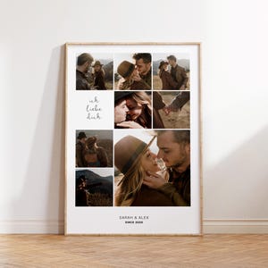 Póster de collage con nombre para aniversario: póster personalizado para pareja, póster con foto para regalar en aniversario de bodas, plantilla digital para descargar.