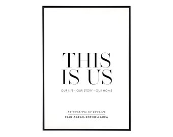 Personalisiertes Familienposter "this is us" mit Koordinaten und Namen - Umzug, Familie, zu Hause, schwarz und weiß