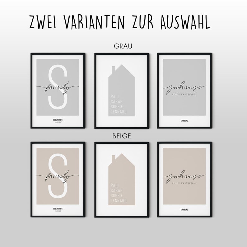 Pu&ograve; includere: Due stampe incorniciate con sfondi di colore diversi, grigio e beige. Ogni stampa presenta tre diversi design: una casa con nomi, una lettera S con la parola "family" e la parola "zuhause" con coordinate.