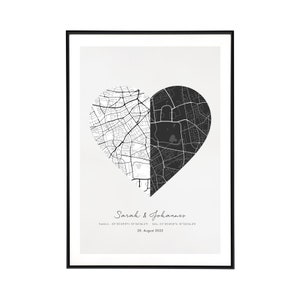 Personalisierter Stadtplan mit zwei Städten - Stadtkarte, Hochzeitsgeschenk mit Koordinaten - Geschenkidee zur Hochzeit, Herz, Datum