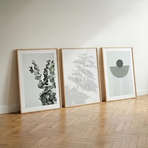 Può includere: Tre stampe artistiche incorniciate appoggiate a un muro bianco. Le stampe presentano disegni botanici, geometrici e di coordinate. Le cornici sono in legno chiaro. La stampa a destra ha un cerchio grigio e un design a semicerchio con linee verticali.