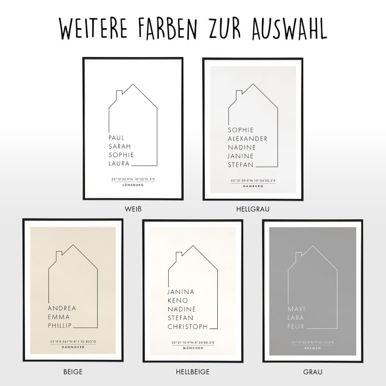 Personalisiertes Familienposter mit Koordinaten und Ort Umzug, Familie, zu Hause, Haus mit Namen, zuhause Bild, ohne Rahmen Bild 3