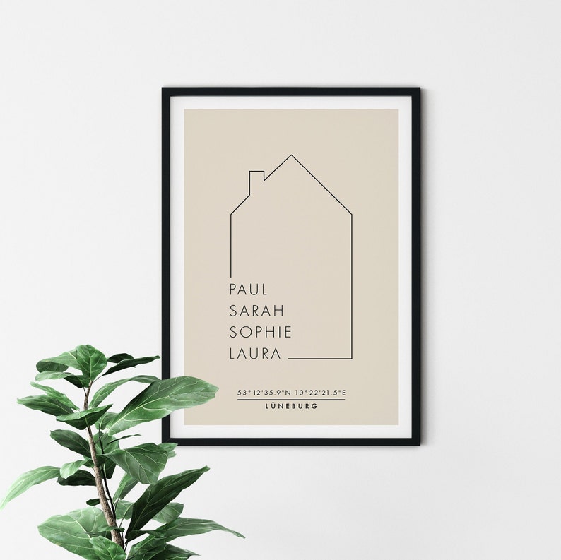 Personalized family poster with coordinates and location moving, family, home, house with name, home picture, without frame image 7