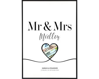 Personalisiertes Geldgeschenk zur Hochzeit "Mr & Mrs", Hochzeitsposter mit Namen und Datum als Geschenk für Paare