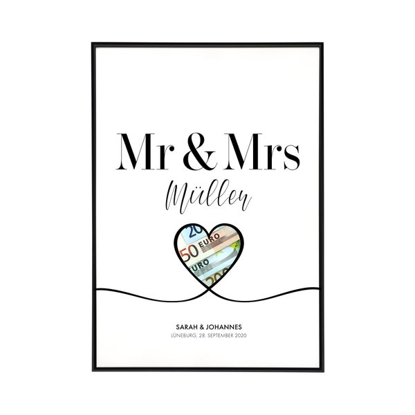 Personalisiertes Geldgeschenk zur Hochzeit "Mr & Mrs", Hochzeitsposter mit Namen und Datum als Geschenk für Paare