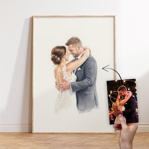 Ritratto da una foto | Poster / Arte murale su tela, dipinto ad acquerello personalizzato | Regalo con nomi e data, illustrazione di ritratto di coppia