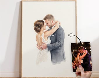 Ritratto da una foto | Poster / Arte murale su tela, dipinto ad acquerello personalizzato | Regalo con nomi e data, illustrazione di ritratto di coppia