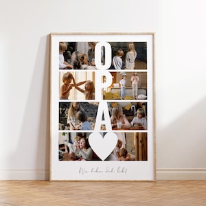 May include: A white framed photo collage with the word "OPA" spelled out in large white letters. The collage features photos of children and the text "Wir haben dich lieb!" at the bottom.