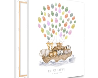 Fingerprint Canvas Baptism Noah's Ark Modern | Alternative Guest Book Baptism | Personalized Baptism Gift | Fingerprint Balloons