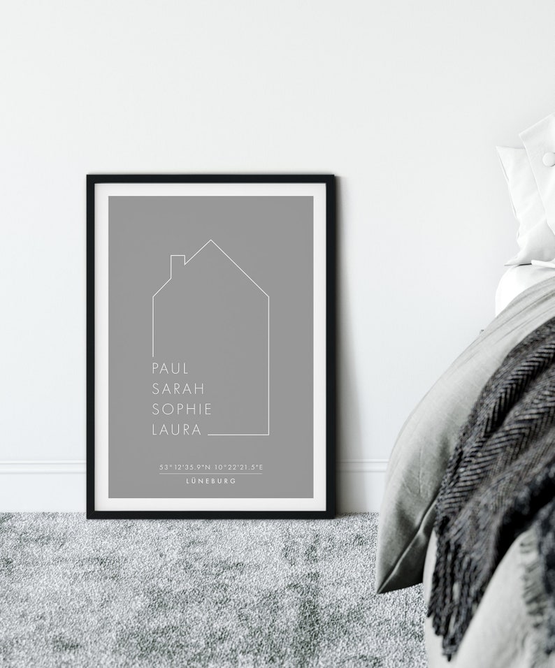 Personalized family poster with coordinates and location moving, family, home, house with name, home picture, without frame image 8