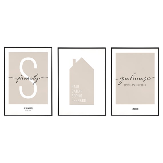 Bilder Wohnzimmer personalisiert für Familienposter - Poster Set Schlafzimmer, Deko, Familienbild, Bilderrahmen, Deko Zuhause