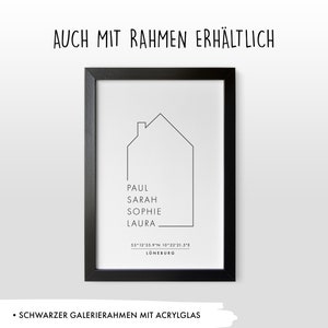 Personalisiertes Familienposter mit Koordinaten und Ort Umzug, Familie, zu Hause, Haus mit Namen, zuhause Bild, ohne Rahmen Bild 4