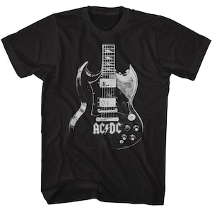May include: Black t-shirt with a white graphic of an electric guitar and the text "AC/DC".