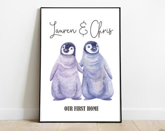 Penguin Couple Art Print - Penguin Print for Couple, Penguin anniversary Gift, Penguin Gift For Couple New Home