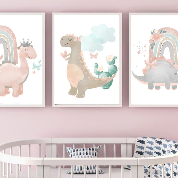 Nursery Print Girl Dinosaur Print Baby Girl Nursery Set of 3 Print Nursery Pink Dinosaur Nursery Dinosaur Print Set Girl Pink Dinosaur Print