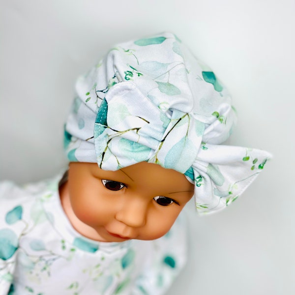 Turbanmütze, Turban Mütze, Kinder Mütze, Baby Turban, mit/ohne Schleife, Eukalyptus, Weiß - Mint, Babymütze, Frühlingsmütze