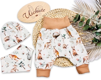 Babyset, Pumphose, Tiere, Mitwachshose, Safaritiere, Babyhose, Haremhose, Mütze, Halstuch, Känguru, Strauß, Koala, Kinderhose