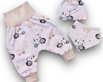 Bloomers, pantalon bébé, ferme, fermier, tracteur, pantalon de culture, pantalon enfant, ensemble bébé, pantalon bouffant, bonnet, écharpe, pantalon, neutre, unisexe, beige