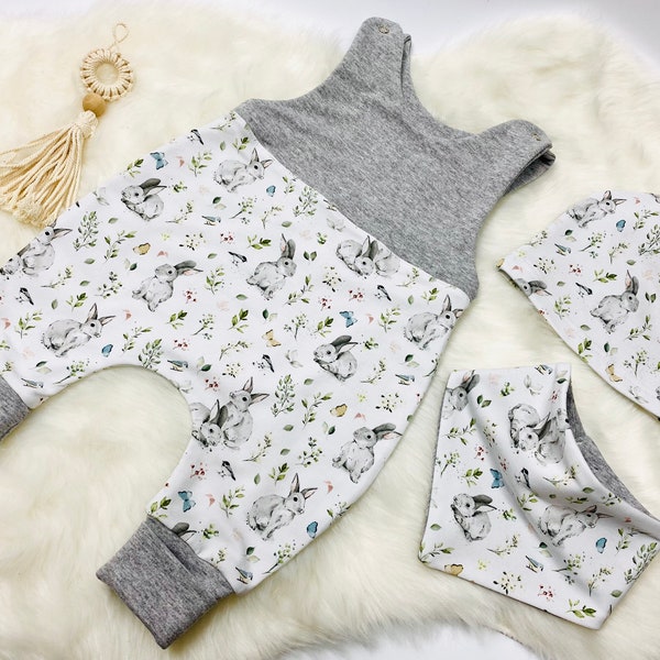 Baby Strampler, Hasen, Bunny, Jumpsuit, Overall, Einteiler, Osterhase, Boho, Newborn, Unisex, Babyset, Bohobaby.