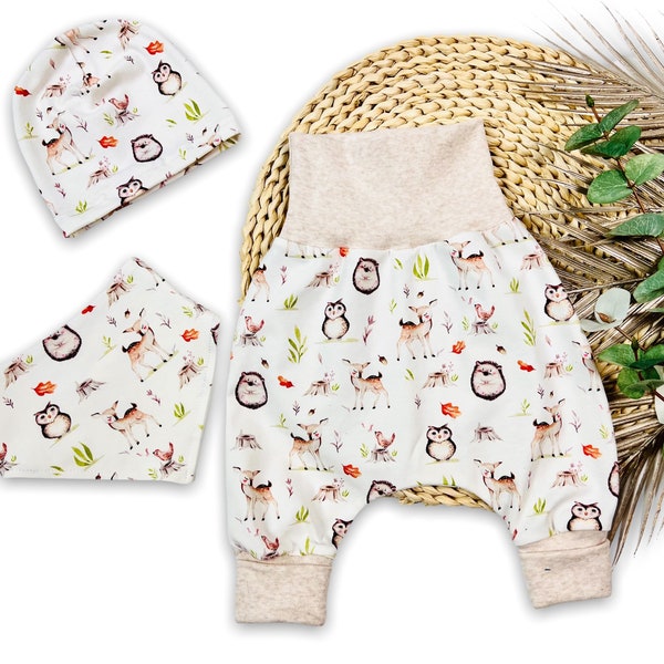 Pantalon pompe, pantalon bébé, pantalon baggy, animaux de la forêt, hibou, hérisson, cerf, pantalon baggy, pantalon harem, casquette + écharpe, ensemble bébé fait à la main, joie de la forêt, unisexe