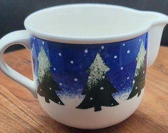 Nikko Winter Wonderland Creamer Pitcher, White and Blue with Evergreen Trees, Deb Mores, 1998, 3.5 inch diameter, 3.25 inches tall (3252)