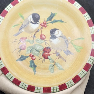 Set of Two (2) Lenox Winter Greetings Everyday Tartan Catherine McClung Salad Plates, Two Chickadees w/Red Holly Berries, Plaid Rim (3139)
