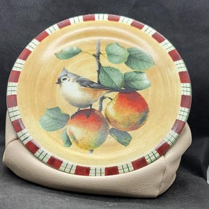 Lenox Winter Greetings Everyday Tartan Catherine McClung Salad Plate, Tufted Titmouse on Branch with Green Leaves & Apples, Plaid Rim (3133)
