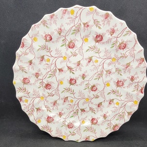 Two Copeland Spode Rosebud Chintz Pink Vine Dinner Plates, White with Pink Roses, Yellow Flowers, Green Leaves, Earthenware, 10.5&quot; (2871)