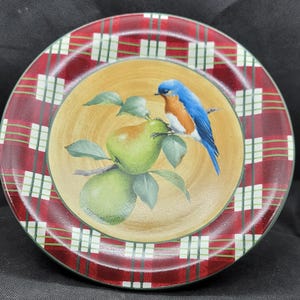 Lenox Winter Greetings Everyday Tartan Catherine McClung Dinner Plate, Eastern Blue Bird on Branch, Green Leaves & Pears, Plaid Rim (3131)