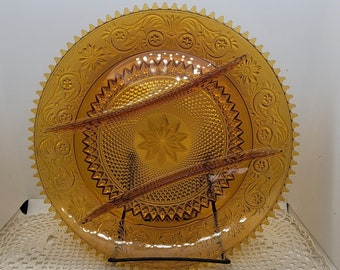 Indiana Glass Tiara Sandwich Amber Collection Round Three-Part Relish Tray, Pressed Sandwich Design with Flowers & Leaves, 1970's (2664)