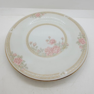 Set of Eight Crown Ming Christina Salad Plates, White with Pale Blue & Gold Trim with Pink Roses. Made in China, Jian Shiang, 7.5&quot; (2466)