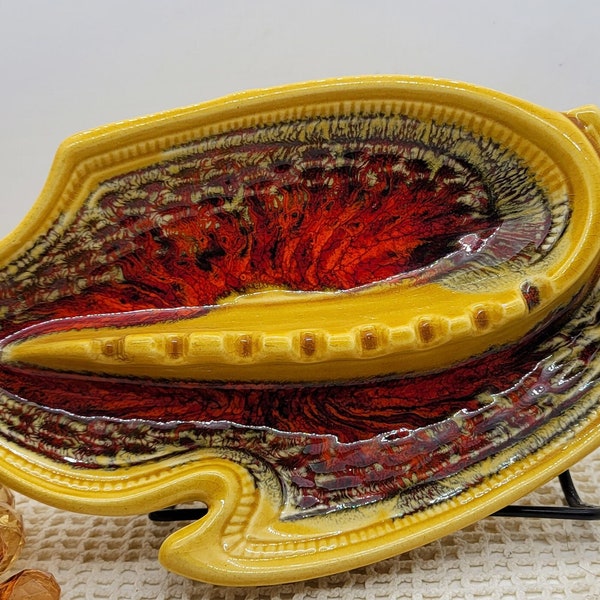 California USA 669 Gold and Red Ceramic Ashtray, Swirl Pattern, Flame-Shaped, Textured Rim, 8 Cigarette Slots, 9.5" long, 5.75" wide (2686)