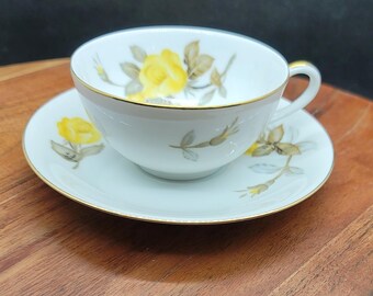 Set of Five (5) Sango Cotillion Yellow Rose Flat Cups and Saucers, White with Roses & Buds, Gold Trim, Cup has 5 Fluid Ounce Capacity (3308)