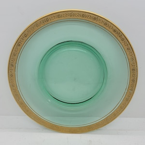 Two Green Uranium Depression Vaseline Glass Luncheon Plates with Gold Rim Containing Floral Design, 1930&#39;s, 8.5 inches in diameter (2420)