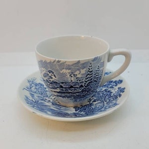 Set of Ten Enoch Wedgwood &quot;Countryside&quot; Tunstall Ltd Blue on White Cup & Saucer Sets, Cups 5 fl. oz. capacity, Saucers 5.5&quot; diameter (2173)